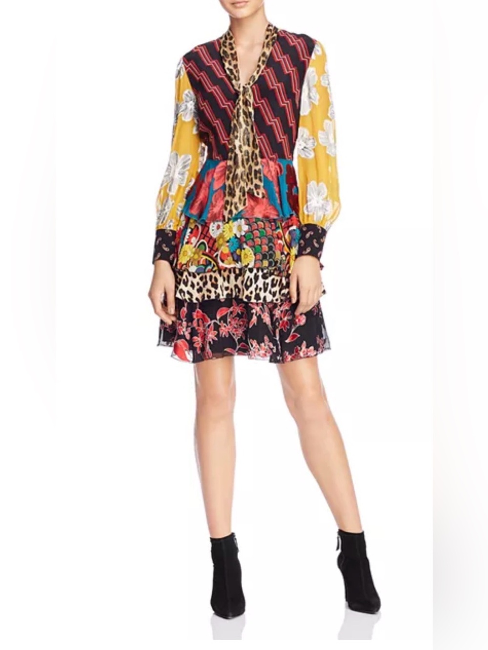 Alice + Olivia Dasha Tiered Ruffle Tie Neck Silk Dress Floral Leopard Print